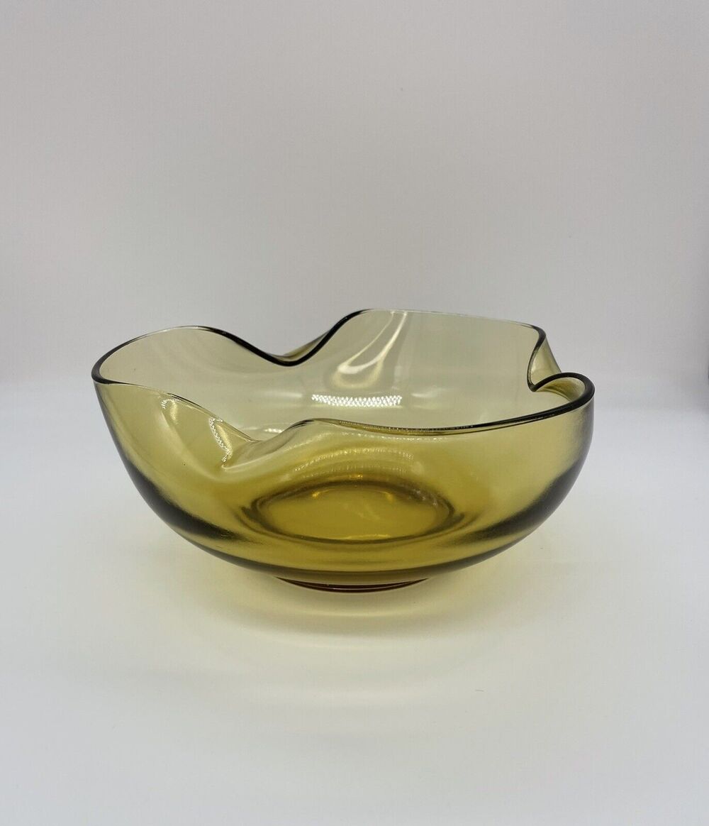 Vintage Amber Glass Folded edge Bowl 9" Mid Century Modern